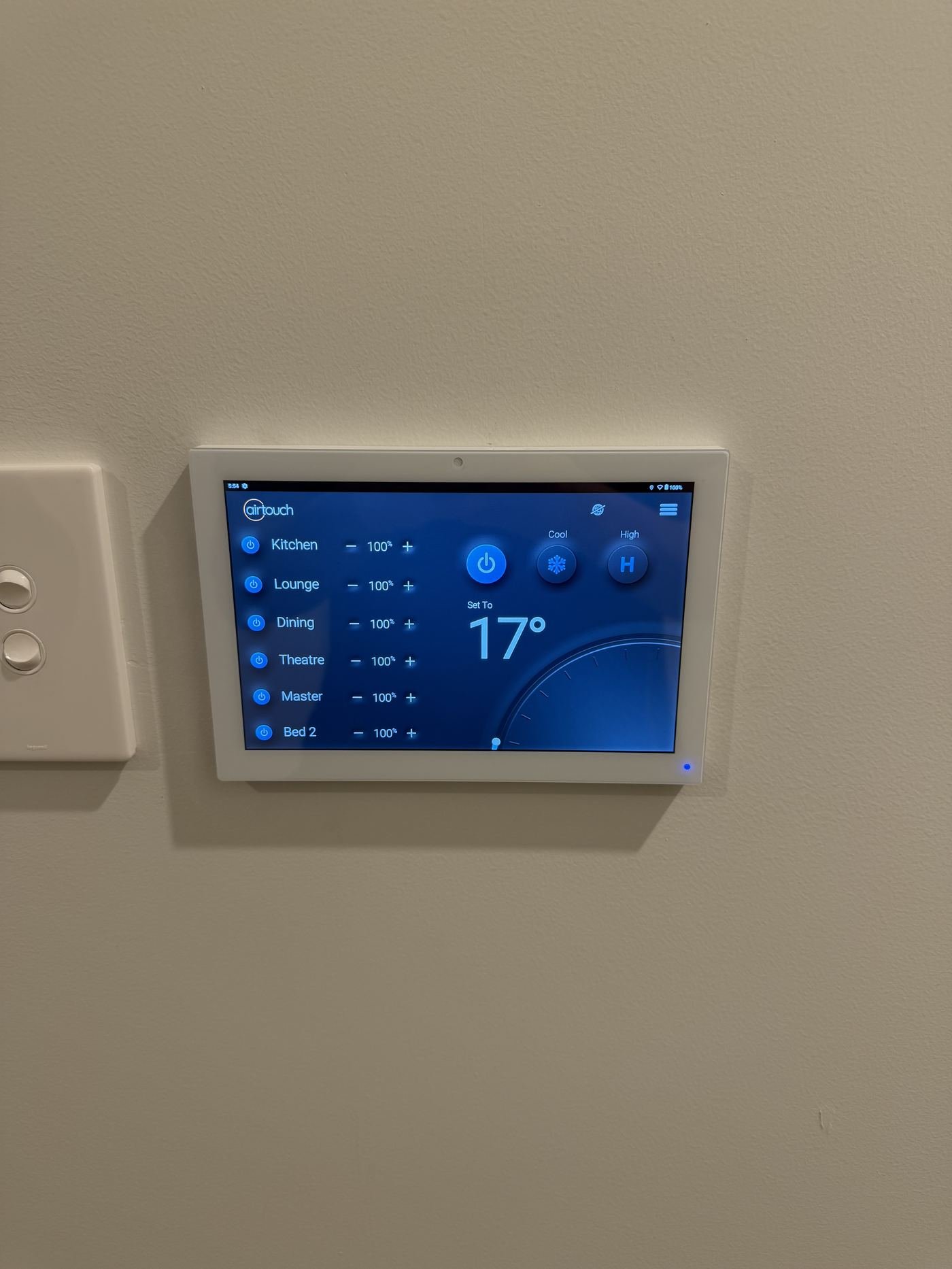 AirTouch smart zone control panel installed on wall
